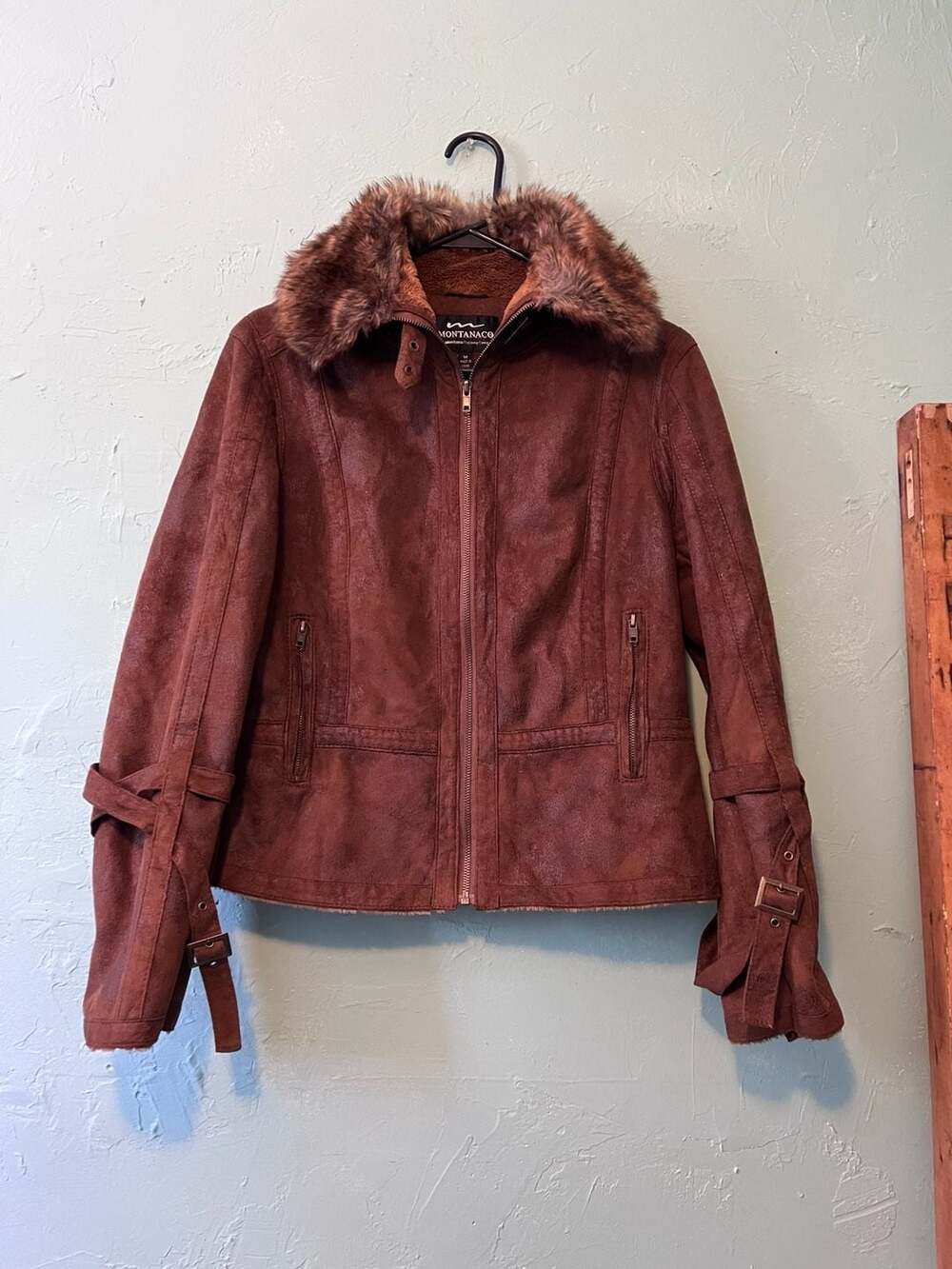 Montanaco Faux Suede Jacket Size M Brown Faux Fur